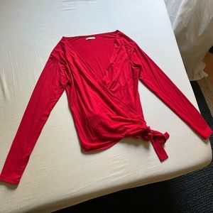Reformation red knit long sleeve cropped wrap top